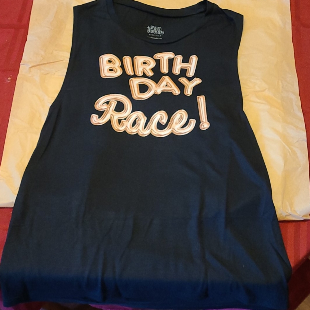 Birthday Race- Black Flowy scoop tank NIB